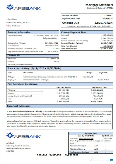 Download Azerbaijan AFB bank mortgage statement scr Photoshop template